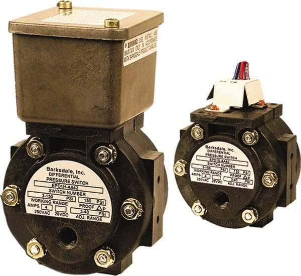 Barksdale - 3 to 40 psi Adjustable Range, 150 Max psi, Differential Pressure Switch - 1/8 NPT Female, 12in Free Leads, SPDT Contact, Polysulfone Wetted Parts, 5% Repeatability - Exact Industrial Supply