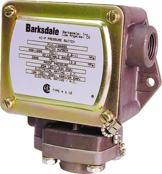 Barksdale - 400 to 1,600 psi Adjustable Range, 2,000 Max psi, Diaphragm Piston Pressure Switch - 1/4 NPT Female, Screw Terminals, SPDT Contact, SS Wetted Parts, 2% Repeatability - Exact Industrial Supply