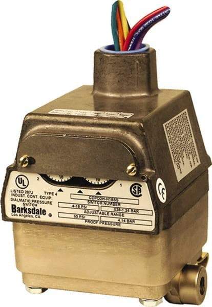 Barksdale - 0.3 to 3 psi Adjustable Range, 10 Max psi, Differential Pressure Switch - 1/8 NPT Female, 18in Free Leads, 2 x SPDT Contact, 300SS Wetted Parts, 0.5% Repeatability - Exact Industrial Supply