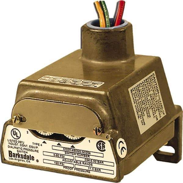 Barksdale - 0.5 to 80 psi Adjustable Range, 160 Max psi, Diaphragm Pressure Switch - 1/4 NPT Female, 18in Free Leads, 2 x SPDT Contact, 304SS Wetted Parts, 0.5% Repeatability - Exact Industrial Supply