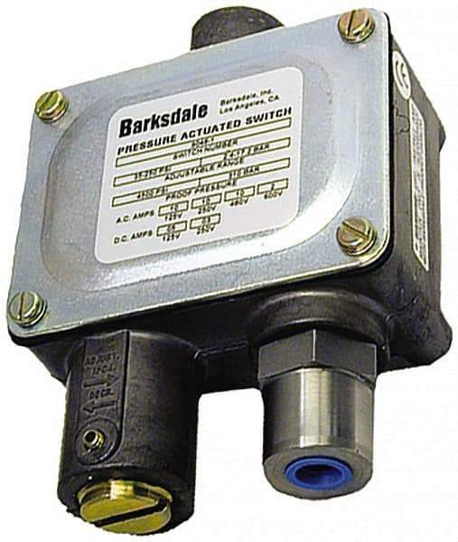 Barksdale - 50 to 500 PSI Adjustable Range, 6,000 Max psi, Sealed Piston Pressure Switch - 1/4 NPT Female, Screw Terminals, SPDT Contact, 416SS Wetted Parts, 2% Repeatability - Exact Industrial Supply