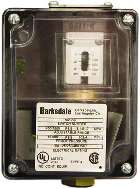 Barksdale - 450 to 7,500 psi Adjustable Range, 15,000 Max psi, Sealed Piston Pressure Switch - 1/4 NPT Female, Screw Terminals, SPDT Contact, 316SS Wetted Parts, 2% Repeatability - Exact Industrial Supply