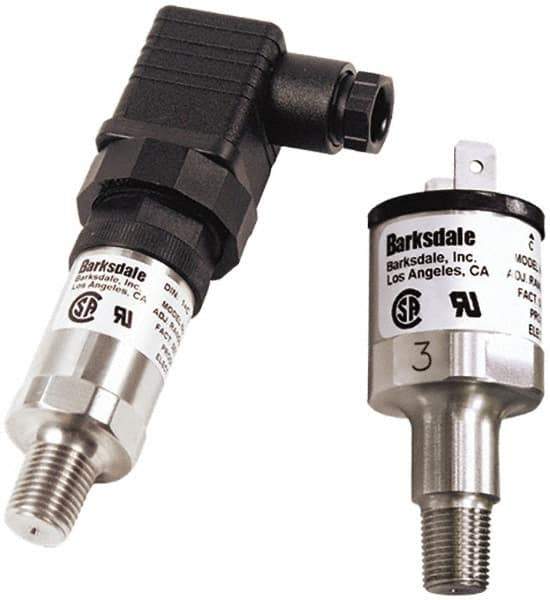 Barksdale - 5 to 50 psi Adjustable Range, 100 Max psi, Compact Pressure Switch - 1/4 NPT Male, DIN 43650, SPST/ NO Contact, SS Wetted Parts, 8% Repeatability - Exact Industrial Supply