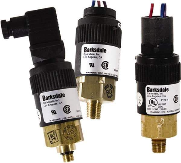 Barksdale - 22.5 to 125 psi Adjustable Range, 1,000 Max psi, Compact Pressure Switch - 1/4 NPT Male, DIN 43650, SPDT Contact, Brass Wetted Parts, 2% Repeatability - Exact Industrial Supply