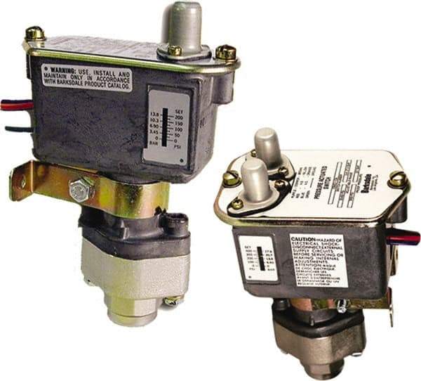 Barksdale - 15 to 200 psi Adjustable Range, 3,000 Max psi, Sealed Piston Pressure Switch - 1/4 NPT Female, 18in Free Leads, SPDT Contact, Nickel Plated Al Wetted Parts, 2% Repeatability - Exact Industrial Supply