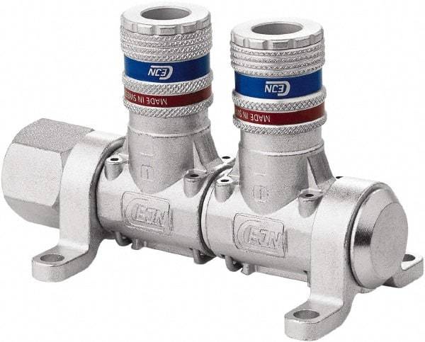 CEJN - 1/2" Inlet, 1/4" Outlet Manifold - 4.4" Long x 2.28" Wide x 2.7" High, 0.245" Mount Hole, 212°F Max, 230 Max PSI, 1 Inlet Port, 2 Outlet Ports - Exact Industrial Supply