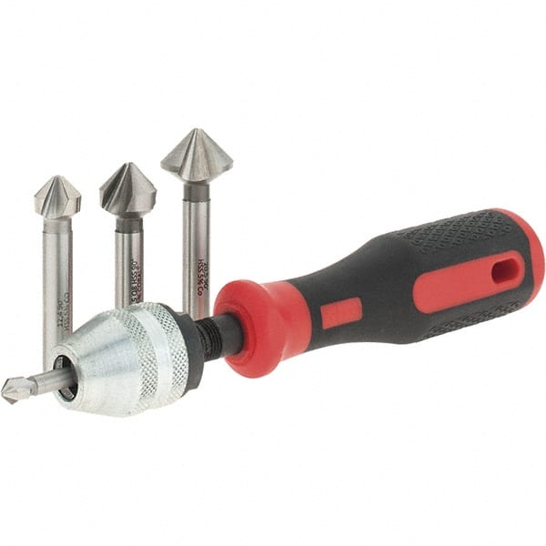 Countersink Set: 4 Pc, 0.248 to 0.807″ Head Dia, 3 Flute 0.248 to 0.807″ Shank Dia, 1-3/4 to 2-1/2″ OAL, Bright (Polished) Finish, Cobalt Steel