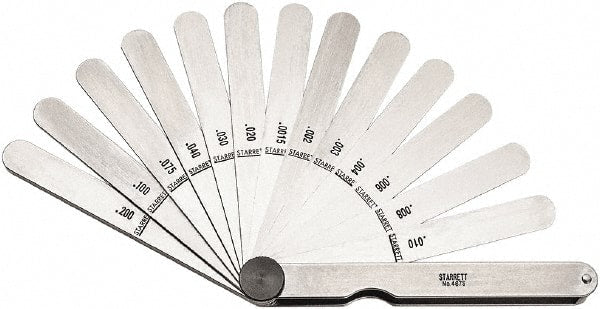 Starrett - Feeler Gage Sets; Maximum Thickness (Decimal Inch): 0.0015 ; Minimum Thickness (Decimal Inch): 0.2000 ; Number of Leaves: 13 ; Material: Stainless Steel ; Leaf Length (Inch): 4-1/2 ; Width (Inch): 1/2 - Exact Industrial Supply