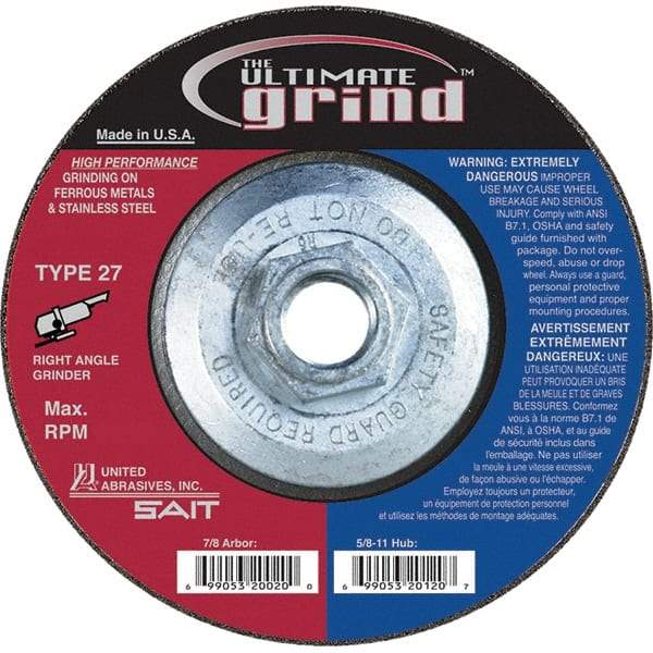 Sait - 7" Wheel Diam, 1/4" Wheel Thickness, Type 27 Depressed Center Wheel - Coarse Grade, Zirconia Alumina, 8,500 Max RPM - Exact Industrial Supply