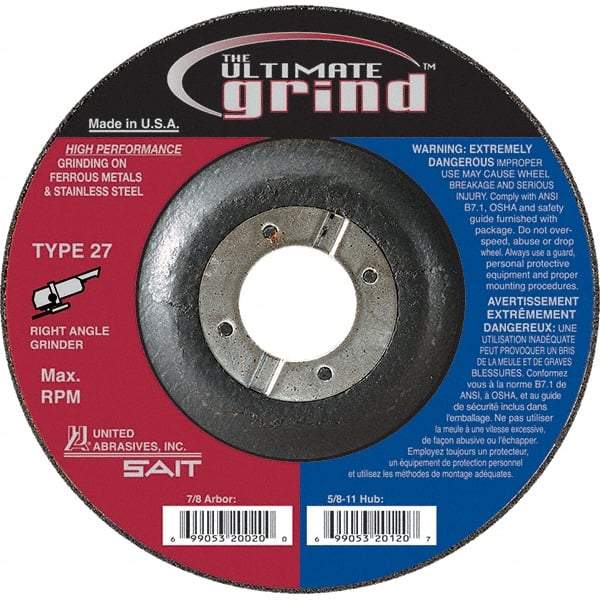 Sait - 7" Wheel Diam, 1/4" Wheel Thickness, 7/8" Arbor Hole, Type 27 Depressed Center Wheel - Coarse Grade, Zirconia Alumina, 10,200 Max RPM - Exact Industrial Supply