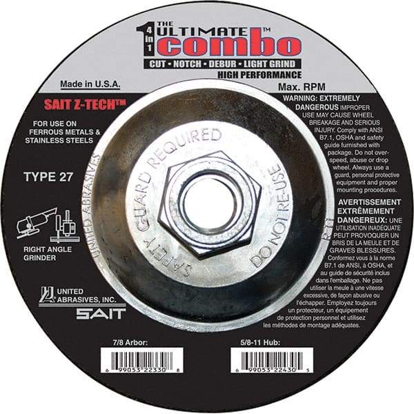 Sait - 6" Wheel Diam, Type 27 Depressed Center Wheel - Coarse Grade, Zirconia Alumina, 10,200 Max RPM - Exact Industrial Supply
