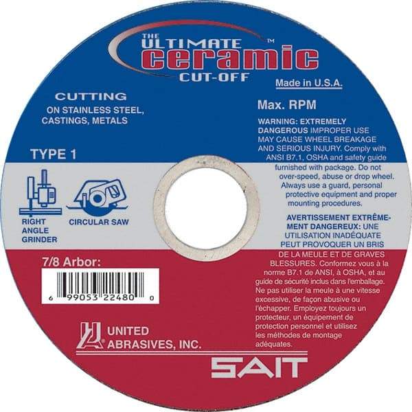 Sait - 6" 60 Grit Ceramic Cutoff Wheel - 0.045" Thick, 7/8" Arbor, 10,200 Max RPM, Use with Angle Grinders - Exact Industrial Supply