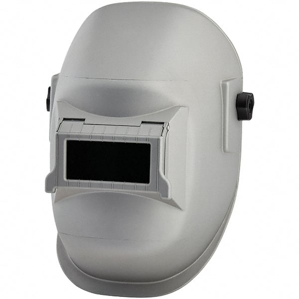 Welding Helmet: Silver, Nylon, Shade 10 Silver, Nylon, 4″ Window Width x 2″ Window Height, Lift Front, Green Lens