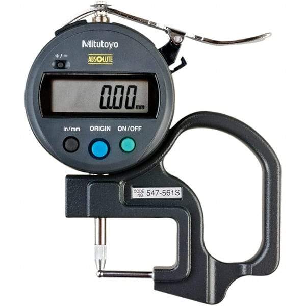 Mitutoyo - 0mm to 12mm Measurement, 0.01mm Resolution Electronic Thickness Gage - Accurate up to 0.001", 1.5 N Measuring Force - Exact Industrial Supply