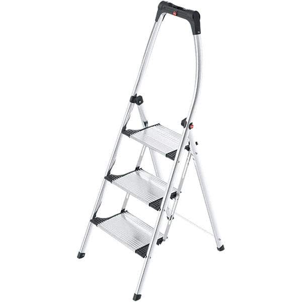 Hailo - 3 Steps, 4' 8" High, EN14183 Rating, Aluminum Step Ladder - 330 Lb Capacity, 21-17/64" Base Width - Exact Industrial Supply