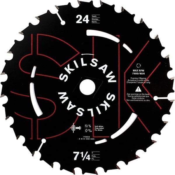 Skilsaw - 7-1/4" Diam, 5/8" Arbor Hole Diam, 24 Tooth Wet & Dry Cut Saw Blade - Carbide-Tipped, Cutoff Action, Diamond Arbor - Exact Industrial Supply