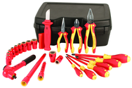Insulated 3/8" Drive Inch Socket Set with 1/4" - 3/4" sockets; 2 Extension Bars; 3/8" Ratchet; Knife; Slotted & Phillips Drivers; 3 Pliers/Cutters in Storage Box - Exact Industrial Supply