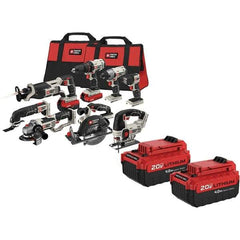 Porter-Cable - 20 Volt Cordless Tool Combination Kit - Includes 1/2" Drill/Driver, 1/4" Impact Driver, 6-1/2" Circular Saw, Reciprocating Tiger Saw, Jig Saw, Oscillating Multi-Tool, Cut-Off Tool, Grinder & Flashlight, Lithium-Ion Battery Included - Exact Industrial Supply