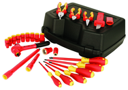 Insulated 3/8" Drive Metric Sockets 6.0 - 19.0mm; 2 Extension Bars; 3/8" Ratchet; Knife; Slotted & Phillips Drivers; 3 Pliers/Cutters in Storage Box. 24 Pieces - Exact Industrial Supply