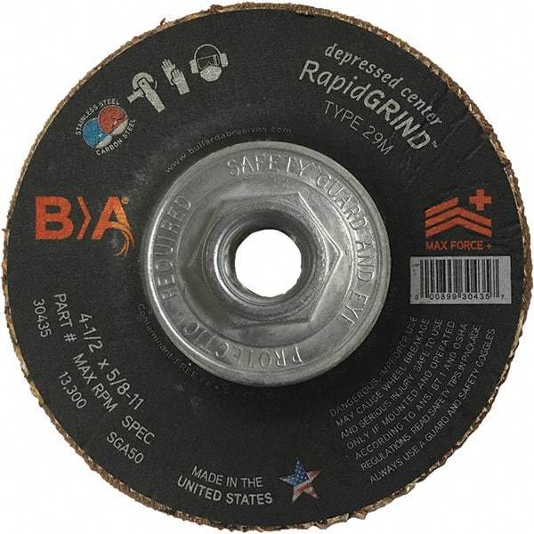 BULLARD - 50 Grit, 5" Wheel Diam, 1/8" Wheel Thickness, Type 29 Depressed Center Wheel - Coarse Grade, Ceramic, 12,200 Max RPM, Compatible with Angle Grinder - Exact Industrial Supply