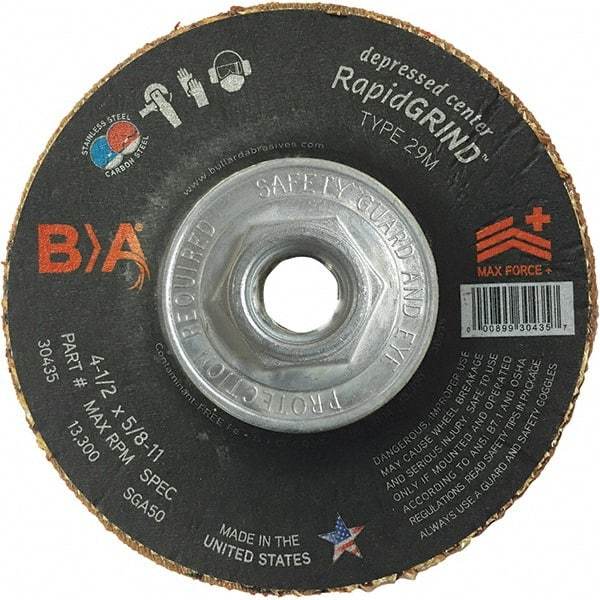 BULLARD - 50 Grit, 4-1/2" Wheel Diam, 1/8" Wheel Thickness, Type 29 Depressed Center Wheel - Coarse Grade, Ceramic, 13,300 Max RPM, Compatible with Angle Grinder - Exact Industrial Supply