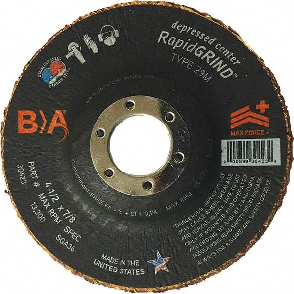 BULLARD - 36 Grit, 4-1/2" Wheel Diam, 1/8" Wheel Thickness, 7/8" Arbor Hole, Type 29 Depressed Center Wheel - Coarse/Extra Coarse Grade, Ceramic, 13,300 Max RPM, Compatible with Angle Grinder - Exact Industrial Supply
