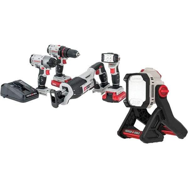 Porter-Cable - 20 Volt Cordless Tool Combination Kit - Includes Drill/Driver, Reciprocating Saw, Impact Driver & Flashlight, Lithium-Ion Battery Included - Exact Industrial Supply