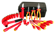 Insulated 1/2" Drive Metric Socket Set with 8.0 - 24.0mm Sockets; 2 Extension Bars; 1/2" Ratchet; Knife; Slotted & Phillips; 3 Pliers/Cutters in Storage Box. 24 Pieces - Exact Industrial Supply