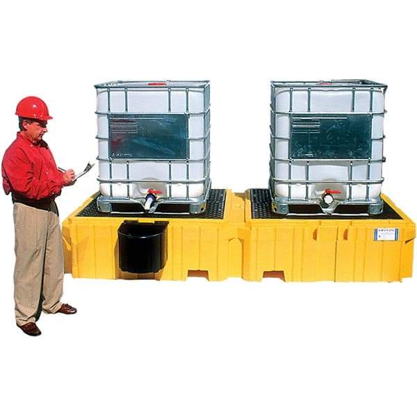 UltraTech - 535 Gal Sump Capacity, Polyethylene TWIN IBC Spill Pallet, Left Side Bucket - 61.6" Long x 22" Wide x 124-1/2" High, 8,000 Lb Capacity, 2 Totes, Includes 1 Left Side Bucket Shelf - Exact Industrial Supply