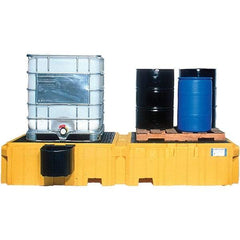 UltraTech - 535 Gal Sump Capacity, Polyethylene TWIN IBC Spill Pallet, Left Side Bucket with Drain - 61.6" Long x 22" Wide x 124-1/2" High, 8,000 Lb Capacity, 2 Totes, Includes 1 Left Side Bucket Shelf - Exact Industrial Supply
