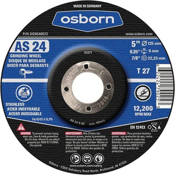 Osborn - 24 Grit, 5" Wheel Diam, 1/4" Wheel Thickness, 7/8" Arbor Hole, Type 27 Depressed Center Wheel - Coarse Grade, Aluminum Oxide, 12,225 Max RPM - Exact Industrial Supply
