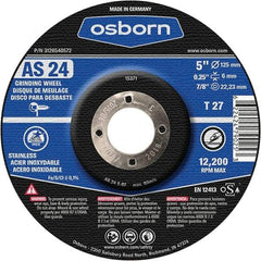 Osborn - 24 Grit, 5" Wheel Diam, 1/4" Wheel Thickness, 7/8" Arbor Hole, Type 27 Depressed Center Wheel - Coarse Grade, Aluminum Oxide, 12,225 Max RPM - Exact Industrial Supply