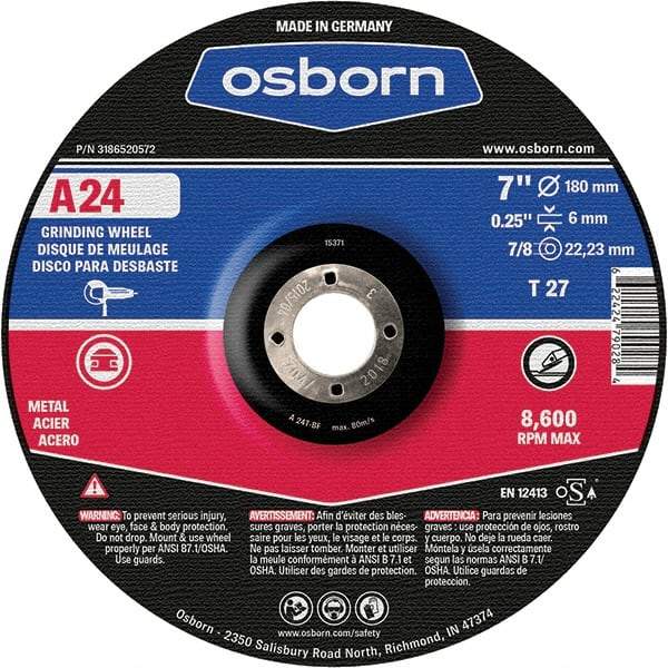 Osborn - 24 Grit, 7" Wheel Diam, 1/4" Wheel Thickness, 7/8" Arbor Hole, Type 27 Depressed Center Wheel - Coarse Grade, Aluminum Oxide, 8,600 Max RPM - Exact Industrial Supply