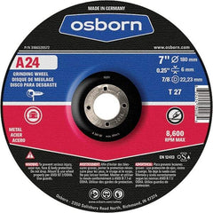 Osborn - 24 Grit, 7" Wheel Diam, 1/4" Wheel Thickness, 7/8" Arbor Hole, Type 27 Depressed Center Wheel - Coarse Grade, Aluminum Oxide, 8,600 Max RPM - Exact Industrial Supply