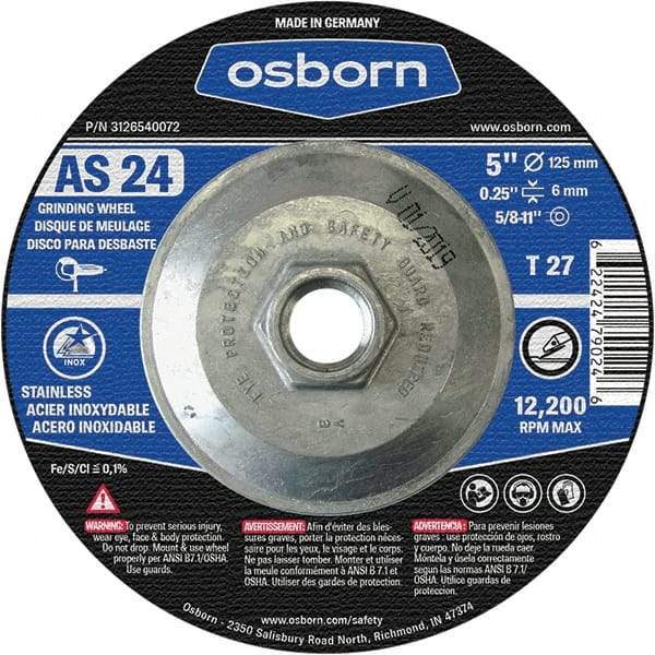 Osborn - 24 Grit, 5" Wheel Diam, 1/4" Wheel Thickness, Type 27 Depressed Center Wheel - Coarse Grade, Aluminum Oxide, 12,225 Max RPM - Exact Industrial Supply