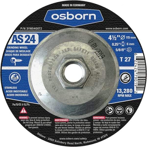 Osborn - 24 Grit, 4-1/2" Wheel Diam, 1/4" Wheel Thickness, Type 27 Depressed Center Wheel - Coarse Grade, Aluminum Oxide, 13,280 Max RPM - Exact Industrial Supply