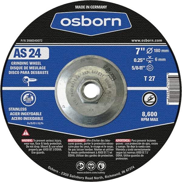 Osborn - 24 Grit, 7" Wheel Diam, 1/4" Wheel Thickness, Type 27 Depressed Center Wheel - Coarse Grade, Aluminum Oxide, 8,600 Max RPM - Exact Industrial Supply