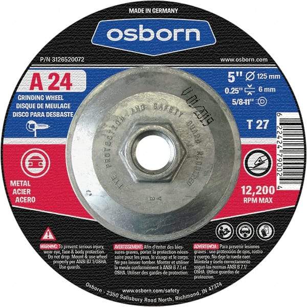 Osborn - 24 Grit, 5" Wheel Diam, 1/4" Wheel Thickness, Type 27 Depressed Center Wheel - Coarse Grade, Aluminum Oxide, 12,225 Max RPM - Exact Industrial Supply