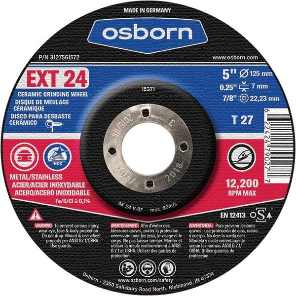 Osborn - 24 Grit, 5" Wheel Diam, 1/4" Wheel Thickness, 7/8" Arbor Hole, Type 27 Depressed Center Wheel - Coarse Grade, Ceramic, 12,225 Max RPM - Exact Industrial Supply