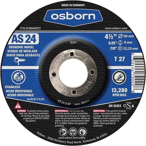 Osborn - 24 Grit, 4-1/2" Wheel Diam, 1/4" Wheel Thickness, 7/8" Arbor Hole, Type 27 Depressed Center Wheel - Coarse Grade, Aluminum Oxide, 13,280 Max RPM - Exact Industrial Supply