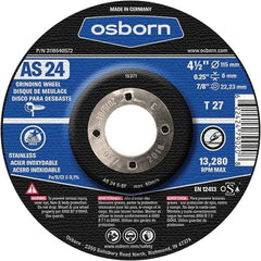 Osborn - 24 Grit, 4-1/2" Wheel Diam, 1/4" Wheel Thickness, 7/8" Arbor Hole, Type 27 Depressed Center Wheel - Coarse Grade, Aluminum Oxide, 13,280 Max RPM - Exact Industrial Supply