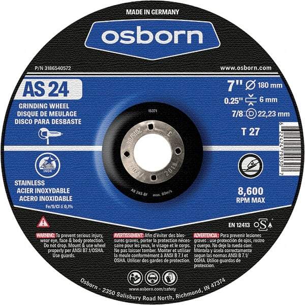 Osborn - 24 Grit, 7" Wheel Diam, 1/4" Wheel Thickness, 7/8" Arbor Hole, Type 27 Depressed Center Wheel - Coarse Grade, Aluminum Oxide, 8,600 Max RPM - Exact Industrial Supply