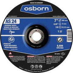 Osborn - 24 Grit, 7" Wheel Diam, 1/4" Wheel Thickness, 7/8" Arbor Hole, Type 27 Depressed Center Wheel - Coarse Grade, Aluminum Oxide, 8,600 Max RPM - Exact Industrial Supply