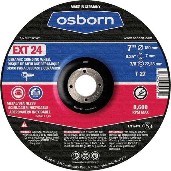 Osborn - 24 Grit, 7" Wheel Diam, 1/4" Wheel Thickness, 7/8" Arbor Hole, Type 27 Depressed Center Wheel - Coarse Grade, Ceramic, 8,600 Max RPM - Exact Industrial Supply
