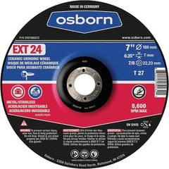 Osborn - 24 Grit, 7" Wheel Diam, 1/4" Wheel Thickness, 7/8" Arbor Hole, Type 27 Depressed Center Wheel - Coarse Grade, Ceramic, 8,600 Max RPM - Exact Industrial Supply