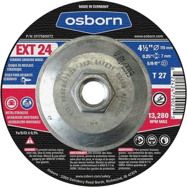 Osborn - 24 Grit, 4-1/2" Wheel Diam, 1/4" Wheel Thickness, Type 27 Depressed Center Wheel - Coarse Grade, Ceramic, 13,280 Max RPM - Exact Industrial Supply