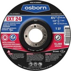 Osborn - 24 Grit, 4-1/2" Wheel Diam, 1/4" Wheel Thickness, 7/8" Arbor Hole, Type 27 Depressed Center Wheel - Coarse Grade, Ceramic, 13,280 Max RPM - Exact Industrial Supply