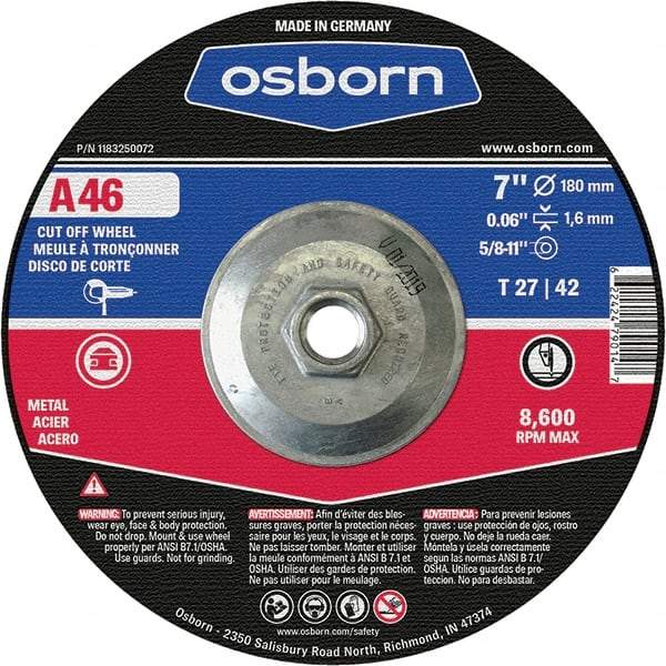 Osborn - 7" 46 Grit Aluminum Oxide Cutoff Wheel - 0.06" Thick, 5/8-11 Arbor, Use with Angle Grinders - Exact Industrial Supply