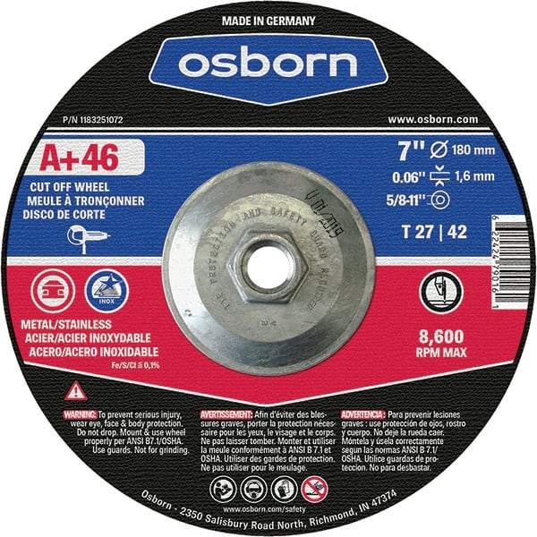 Osborn - 7" 46 Grit Aluminum Oxide Cutoff Wheel - 0.06" Thick, 5/8-11 Arbor, Use with Angle Grinders - Exact Industrial Supply