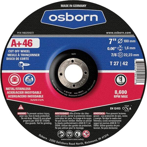 Osborn - 7" 46 Grit Aluminum Oxide Cutoff Wheel - 0.06" Thick, 7/8" Arbor, Use with Angle Grinders - Exact Industrial Supply